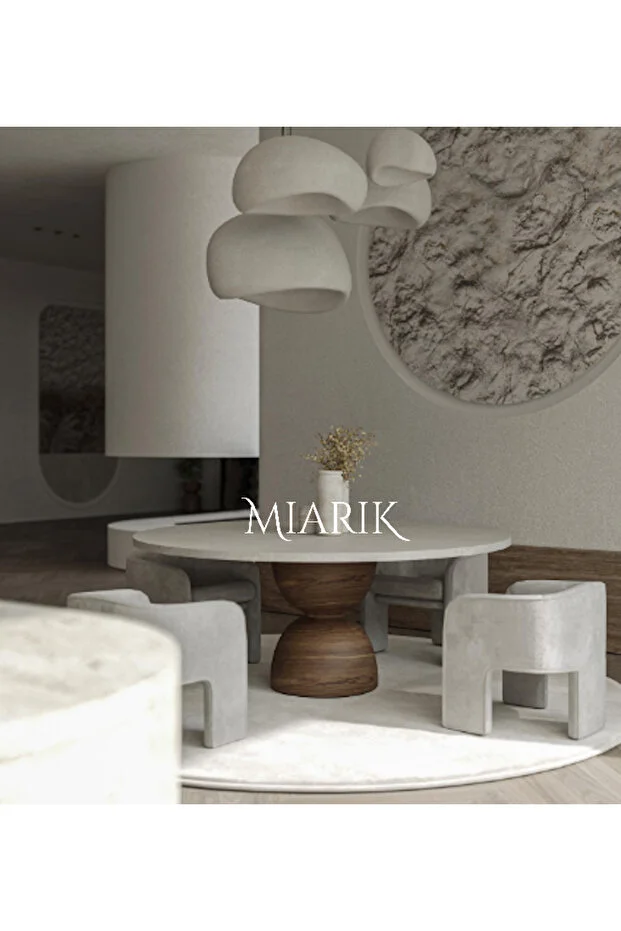 Yuvarlak Ahşap Bogum Ayak Traverten Tabla Mermer Yemek Masası